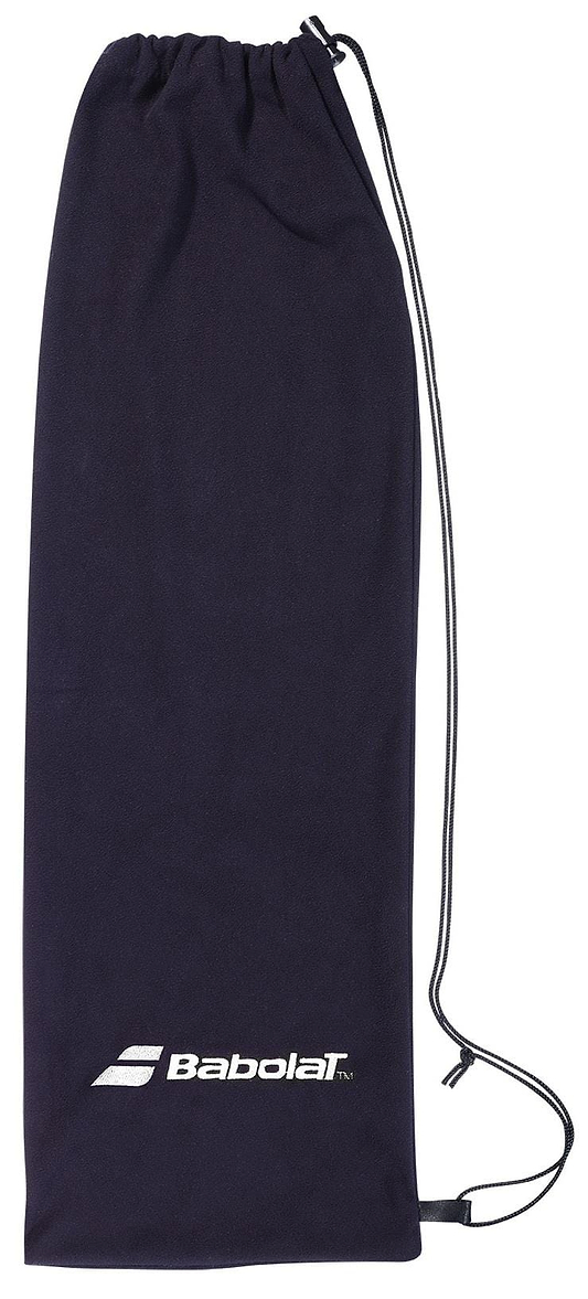 The Babolat Badminton Racket Sling Bag - Black is a lightweight drawstring bag made from durable polyester, featuring the Babolat logo in white at the bottom. Its long, thin cord ensures a secure close, ideal for covering badminton rackets.