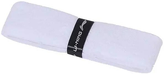 The Li-Ning GC100 Pro Badminton Towel Grip - White is neatly folded and secured with a black band featuring the Li-Ning logo, providing excellent sweat absorption for a comfortable and secure grip during intense play.