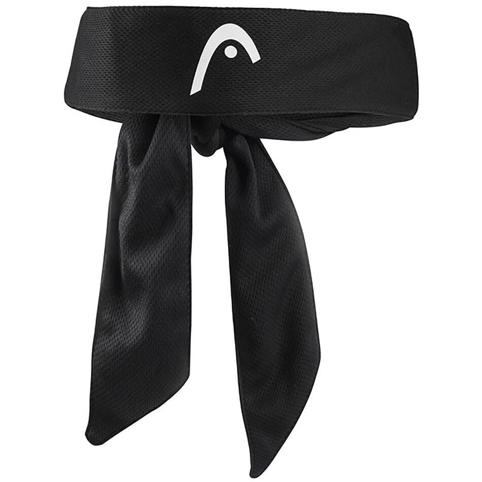 HEAD Pro Player Bandana - Black by HEAD: This black headband features a knot design, is made from absorbent mesh material, and includes a distinctive white semicircular logo at the center.
