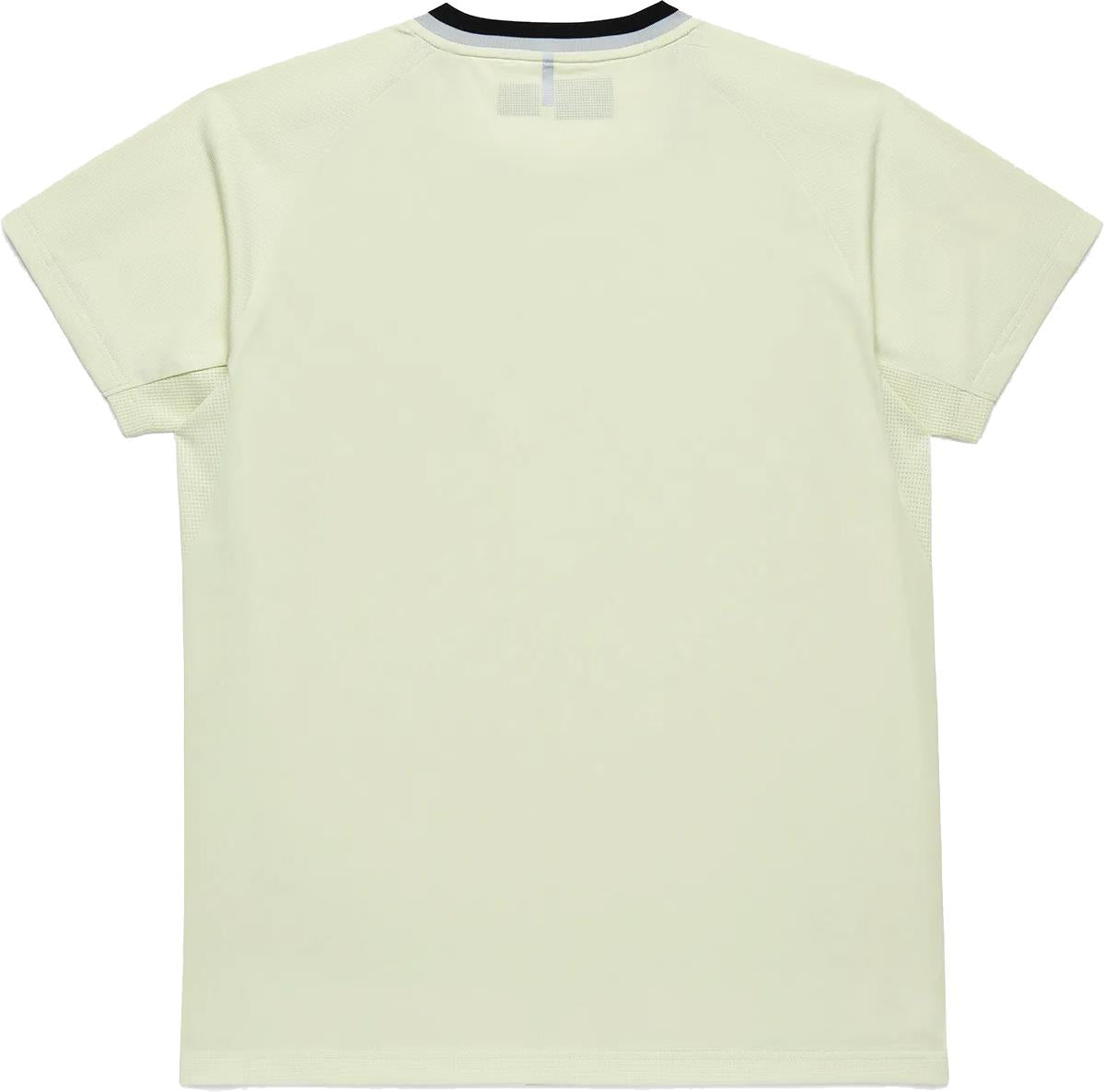 The Yonex 10712YX Crew Neck Men's Badminton T-Shirt in Champagne is shown laid flat, back up. This plain, short-sleeved tee features a dark-trimmed collar and no visible logos—ideal as quick-drying Yonex sportswear.