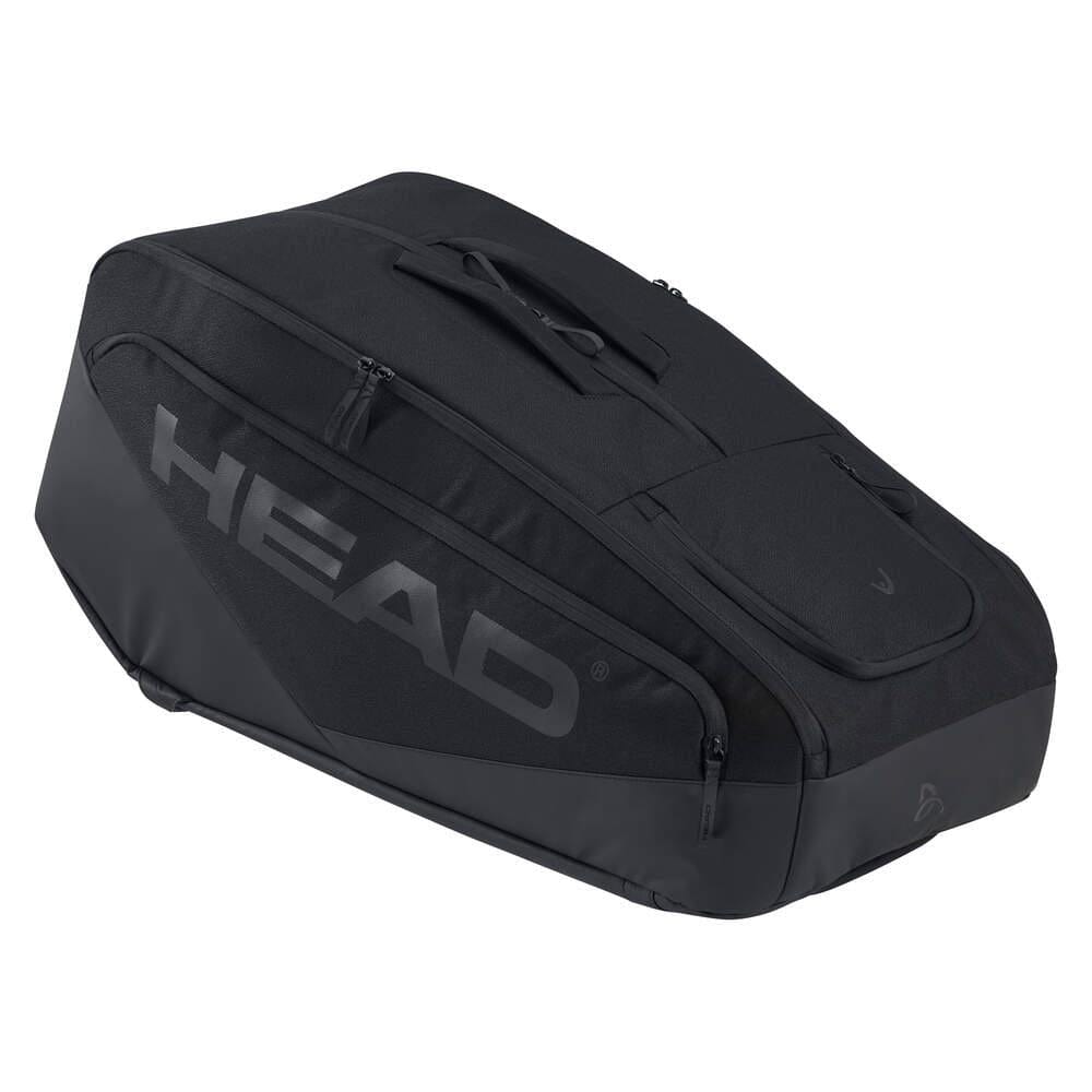 The HEAD Pro X 12 Racket Badminton Racket Bag XL - Black features multiple compartments, advanced climate control tech, and bold HEAD branding on the side.