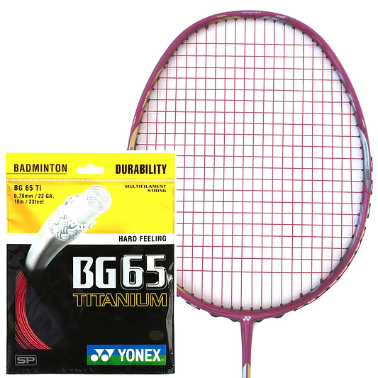 A Yonex badminton racket with red strings is shown next to a Yonex BG 65 Ti Badminton String Red 0.7mm 10m packet, featuring distinctive black and yellow packaging.