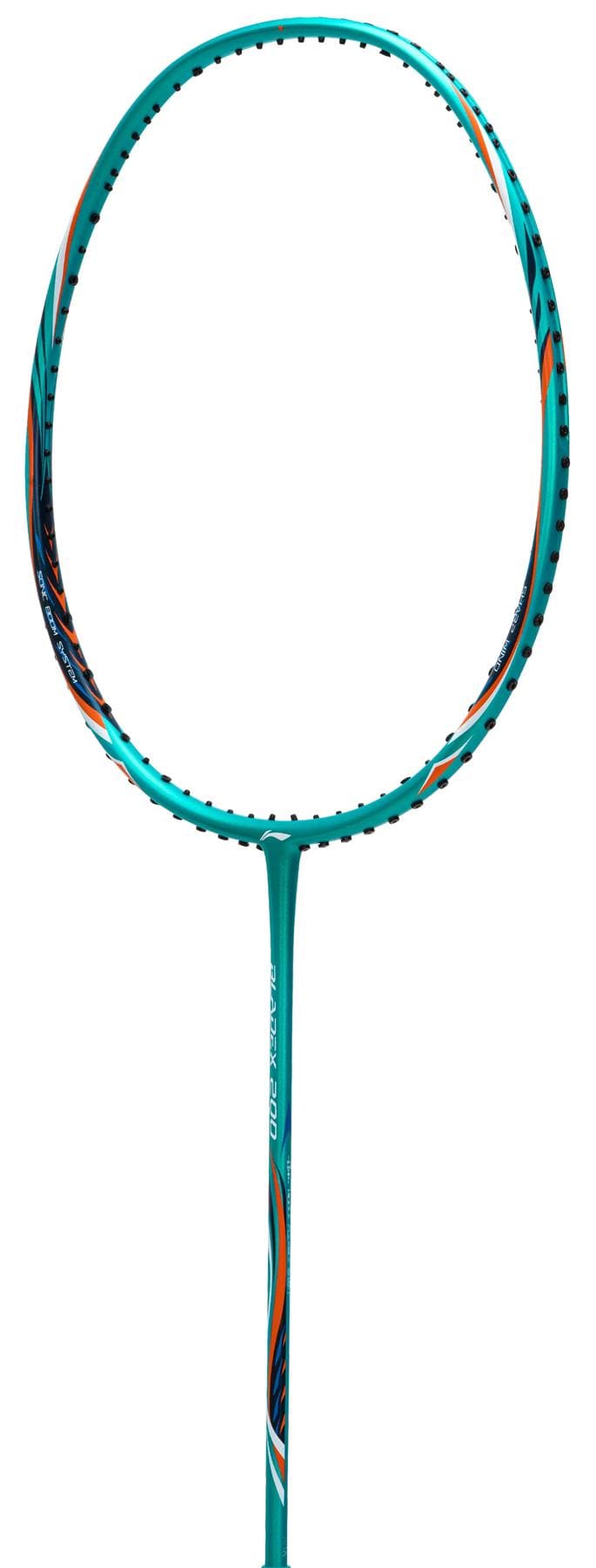 A close-up of the Li-Ning BladeX 200 4U Badminton Racket - Viridian Green, showing its high carbon frame with a sleek Sonic Boom Frame design by Li-Ning, stringless and set against a white background.