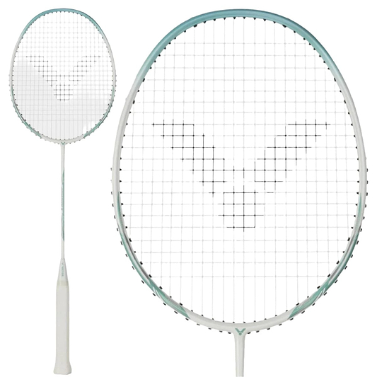 The Victor Auraspeed 9 R 4U Badminton Racket, in white and trimmed with light blue, features a V-shaped string pattern and a white handle, making it ideal for beginner to intermediate players looking for style and performance.