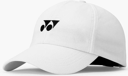 The Yonex 40125EX Badminton Cap - White is a lightweight, breathable cap with a small black geometric logo, curved brim, and textured fabric—ideal for comfort on and off the court.