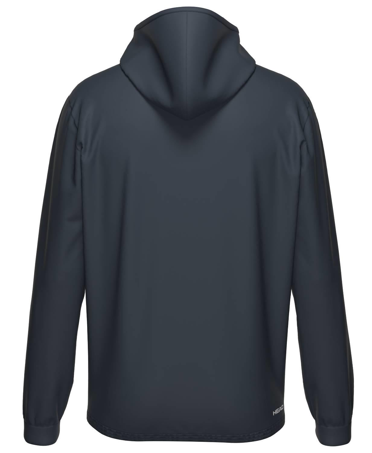 The HEAD Topspin Mens Badminton Hoodie - NVXU by HEAD is shown from the back in dark gray, featuring long sleeves, a relaxed fit, and moisture transfer microfibre for all-day sports comfort.