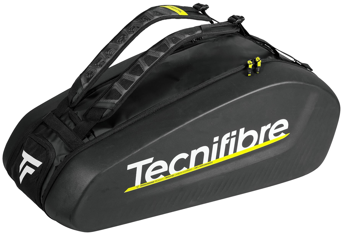 The Tecnifibre Reform L Badminton Racket Bag in black features a durable EVA hardshell, adjustable shoulder straps, yellow accents, and white and yellow Tecnifibre branding on the side.