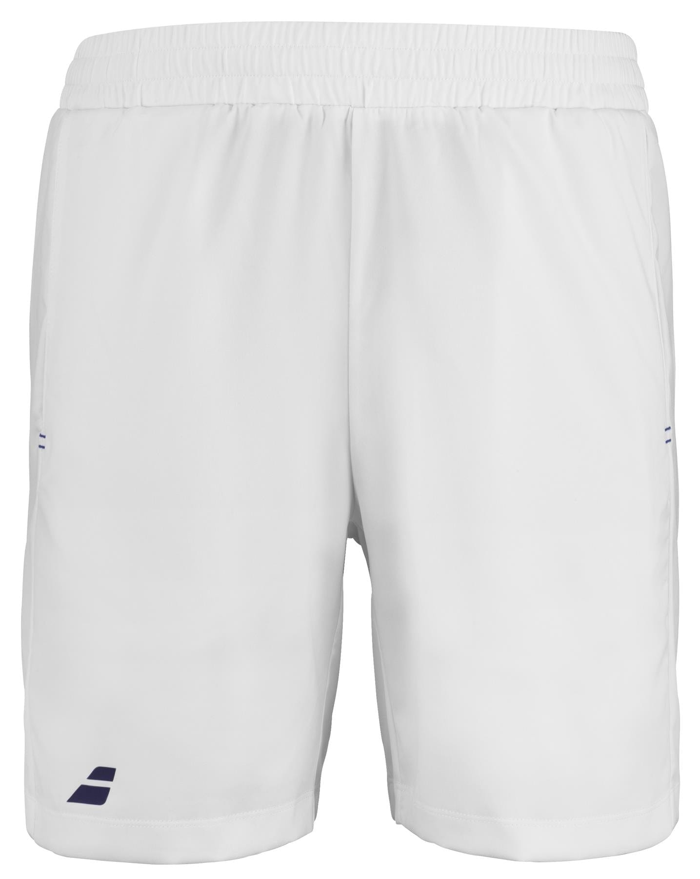 The Babolat Play Men's Badminton Shorts in white are crafted from recycled polyester and come with an adjustable waistband. They are accented with a small navy logo on the lower left side for a sporty flair.