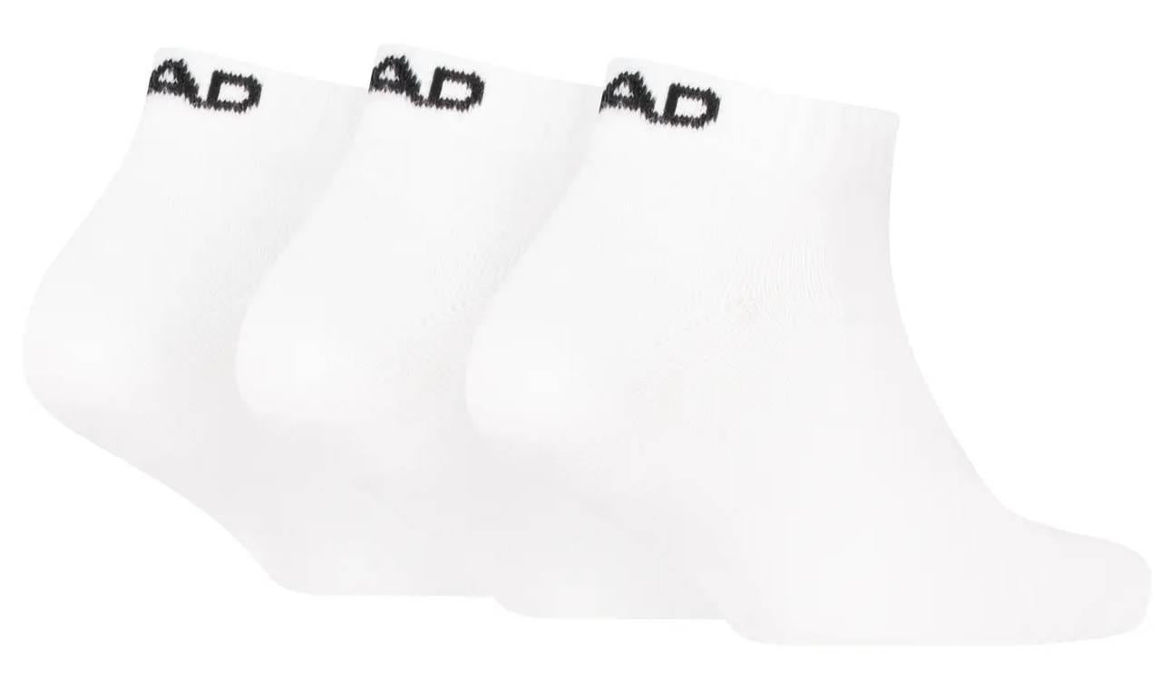 Three pairs of HEAD All Sport Sneaker Badminton Socks in white, each with a black logo near the top cuff and cushioned soles for comfort, are arranged side by side against a plain background.