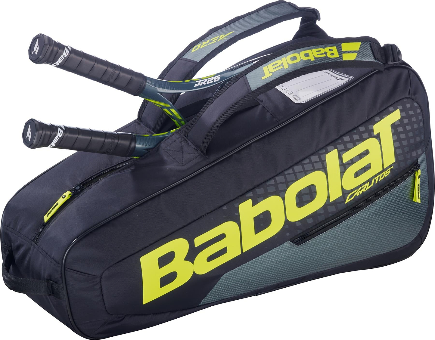 The Babolat RH Carlitos Junior 3 Racket Badminton Bag in black and yellow, with visible handles and large "Babolat" branding, holds up to three rackets.