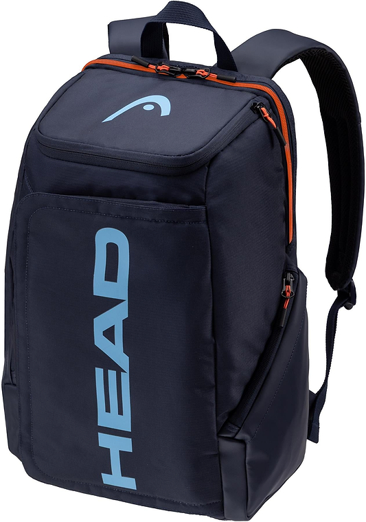 The HEAD Pro 28L Badminton Backpack - Navy features orange zippers, a top handle, padded straps, a dedicated racket compartment, and bold light blue HEAD branding on the front.