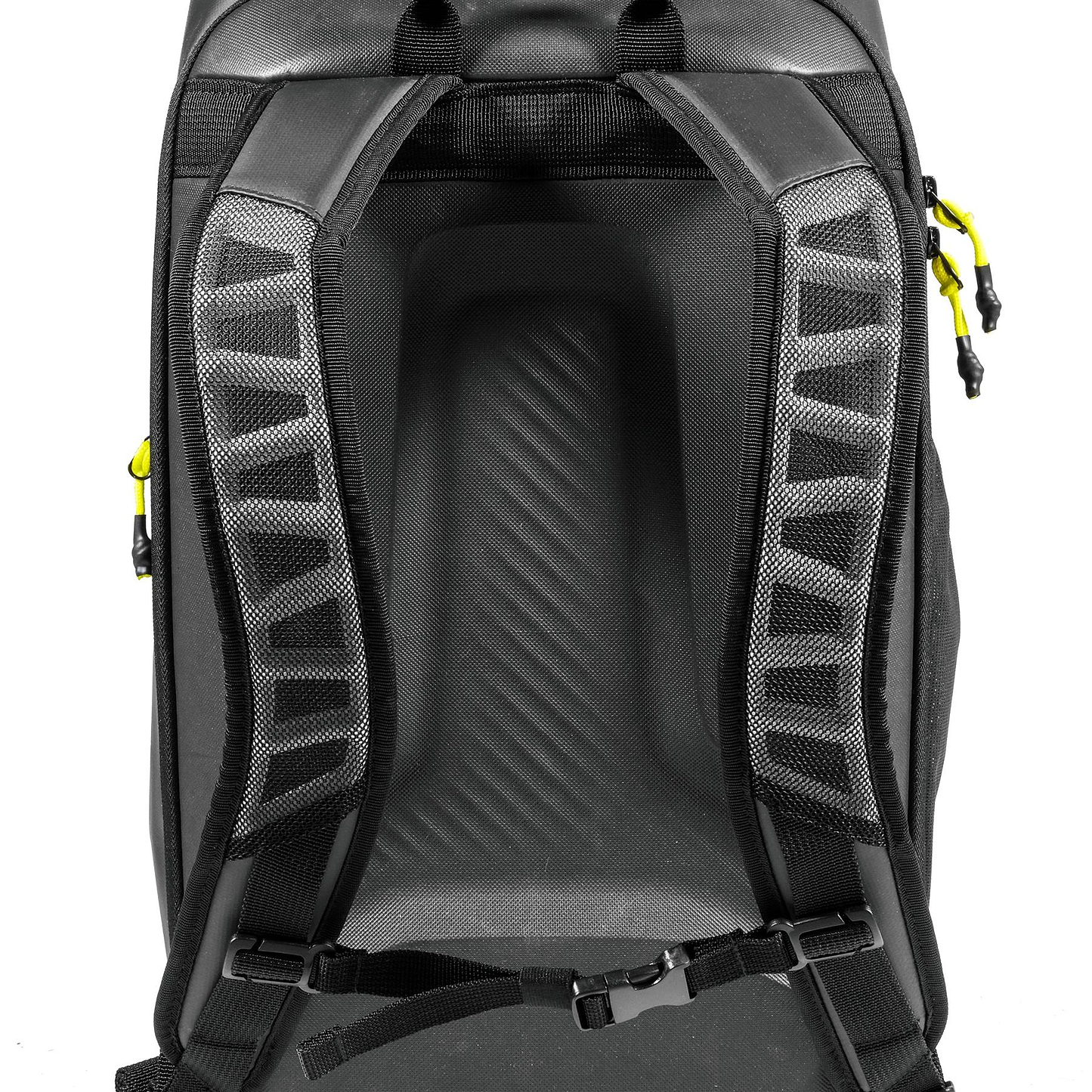 Close-up of the Tecnifibre Reform Badminton Backpack - Black, showing padded mesh shoulder straps with a chest buckle and yellow zipper pulls on the sides. This backpack by Tecnifibre is made from durable EVA material.