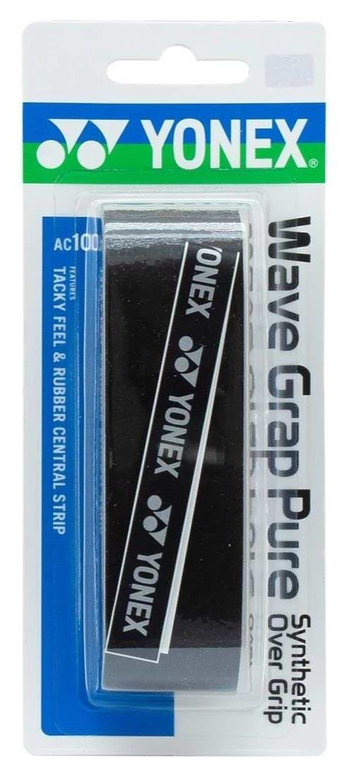 Yonex AC108WEX Wave Grap Pure Badminton Overgrip in black, by Yonex, comes in retail packaging with white and blue branding plus a clear window showcasing its precision and non-slip performance.