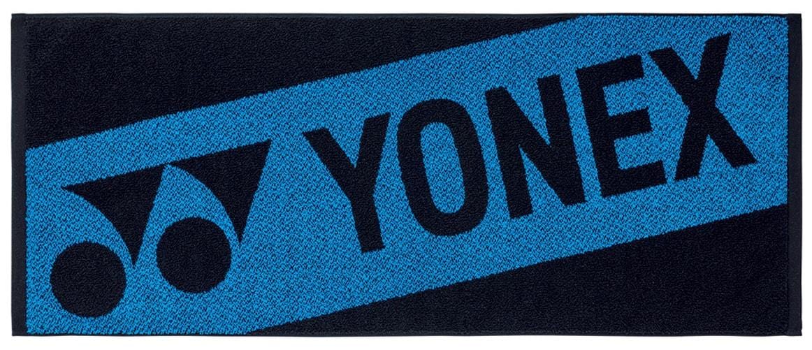 The Yonex AC1113EX Badminton Sports Towel - Black is a rectangular cotton towel with a blue background and black Yonex logo diagonally across the center—ideal for use on the court.