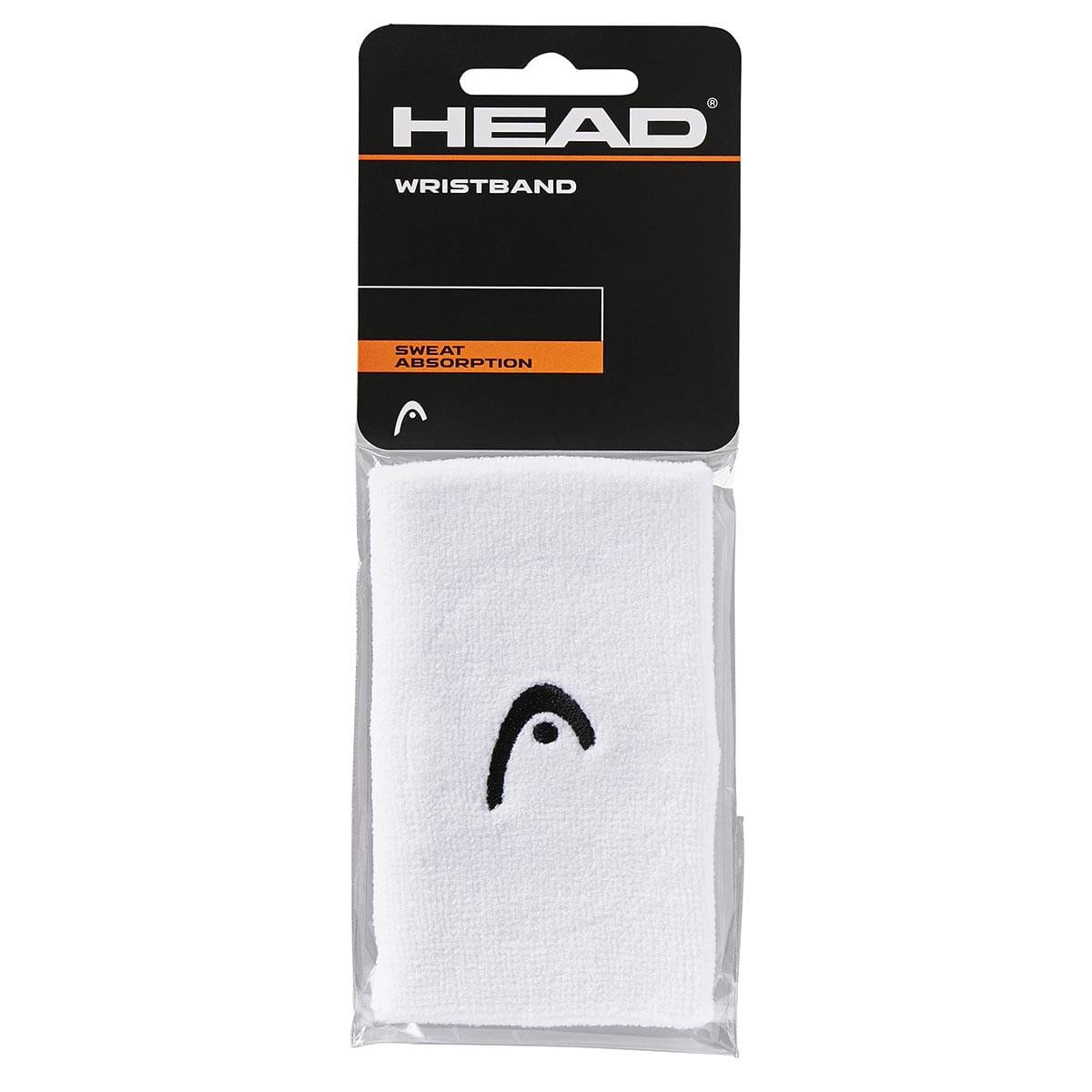 Displayed is the HEAD 5" Badminton Wristband in white, ideal for badminton enthusiasts. Featuring impressive elasticity, this wristband showcases a black logo at its center. The packaging prominently displays "HEAD WRISTBAND" at the top and highlights its superior "SWEAT ABSORPTION.