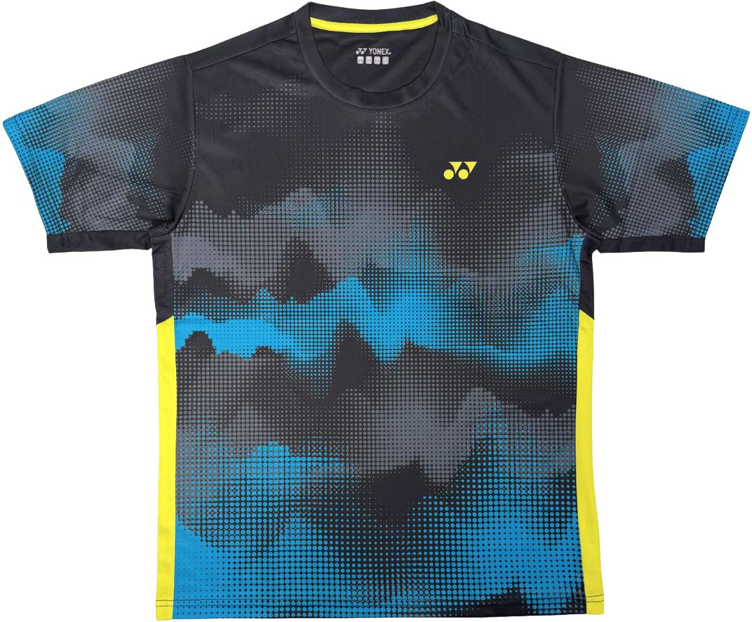 The Yonex YTM2025B Mens Badminton T-Shirt - Black features black, blue, and gray pixelated patterns with yellow side panels and a small yellow Yonex logo on the left chest—ideal for any badminton game.