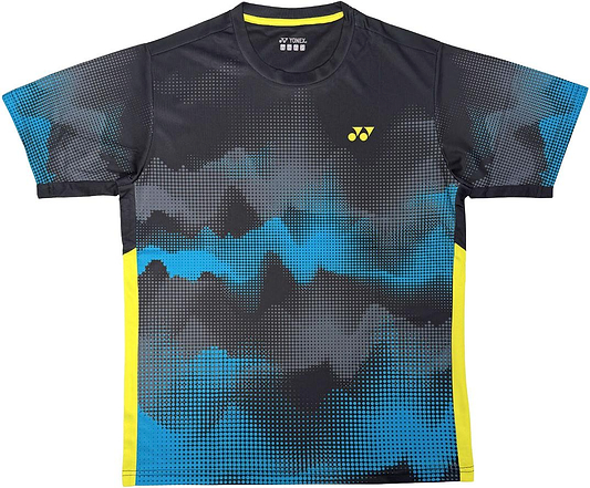 The Yonex YTM2025B Mens Badminton T-Shirt - Black features black, blue, and gray pixelated patterns with yellow side panels and a small yellow Yonex logo on the left chest—ideal for any badminton game.