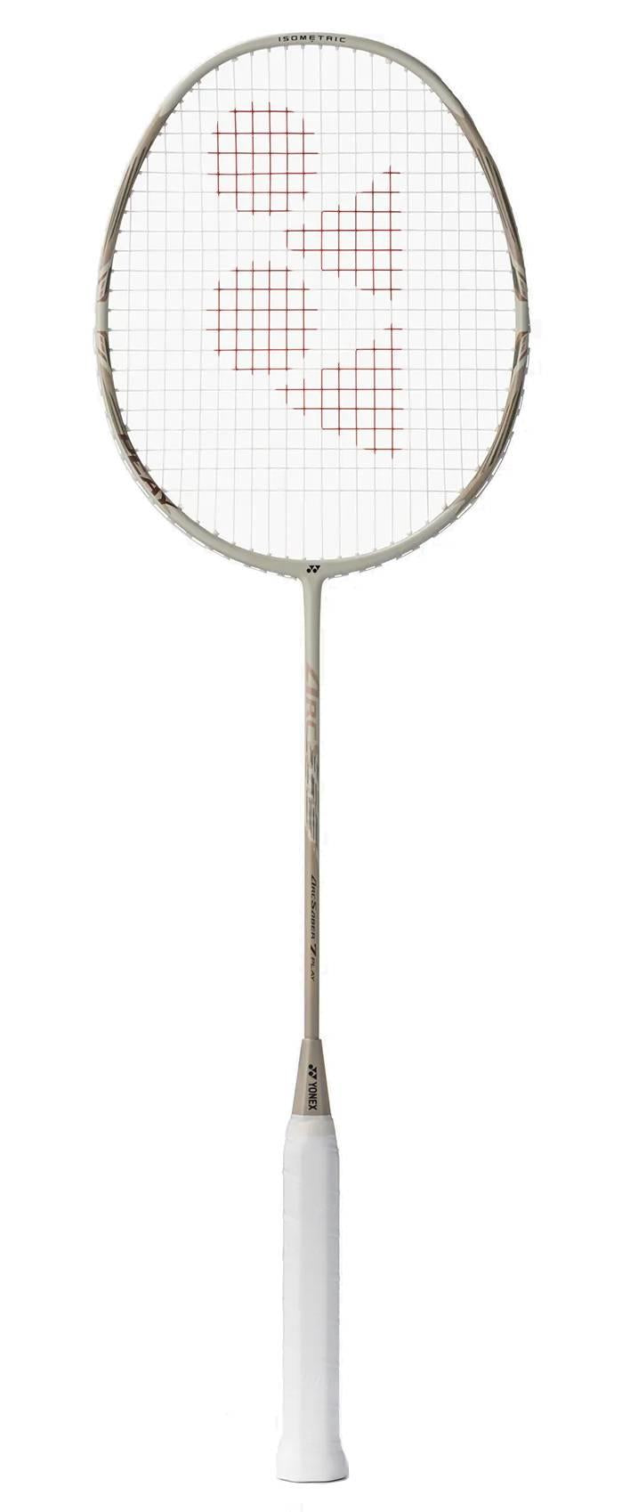 The Yonex Arcsaber 7 Play 4U Badminton Racket in light beige, featuring an ISOMETRIC frame, white grip, and red pattern on the string bed, is displayed vertically against a plain white background.