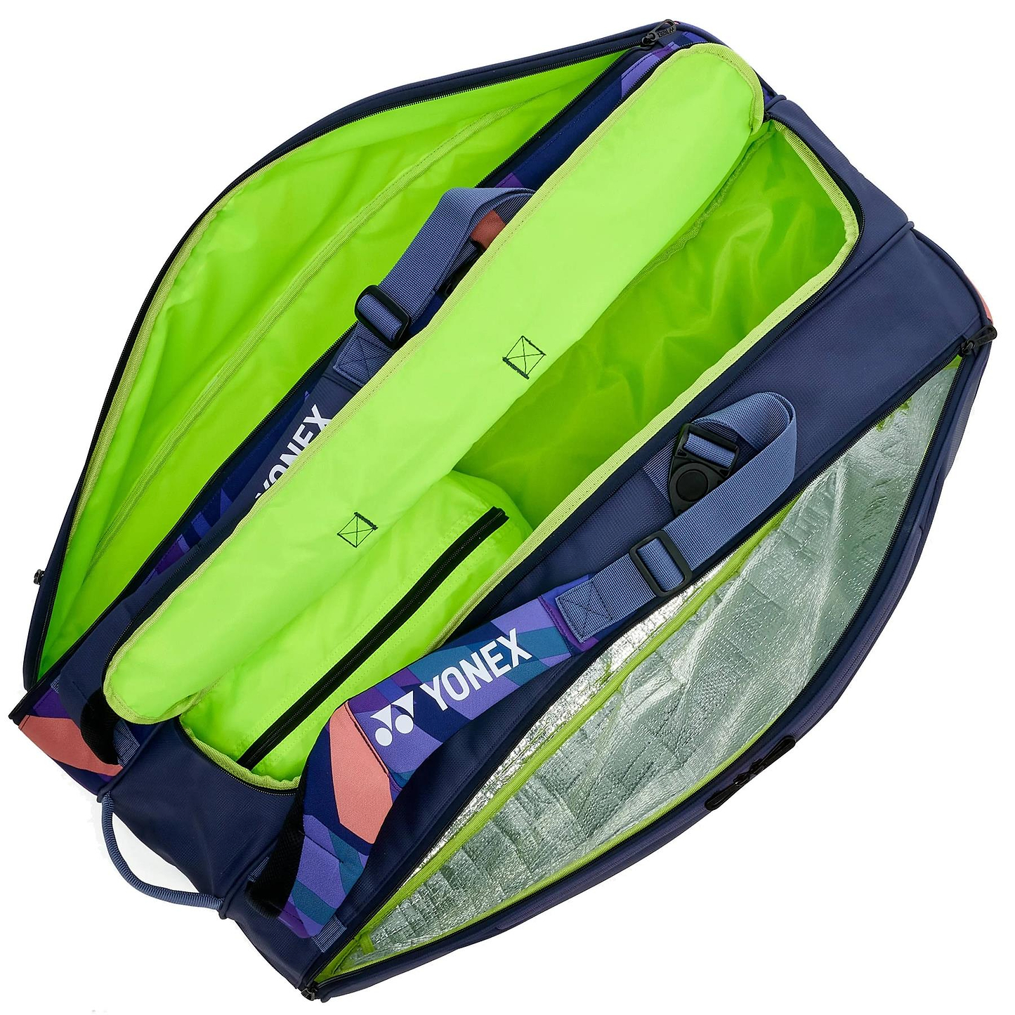 The Yonex 92429EX 9 Racket Pro Badminton Bag in Midnight Navy features a neon green interior, Thermo Guard lining, multiple zippered compartments, and Yonex branding on blue and patterned straps.