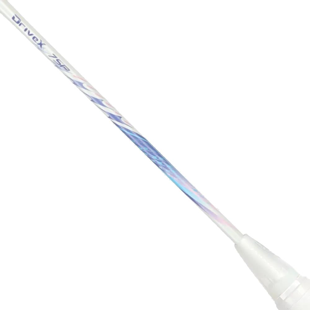 A close-up of the Victor DriveX 7SP AJ 4U Badminton Racket in white and purple highlights its sleek shaft labeled "DriveX 7SP," white cone bottom, and versatile design from the Victor brand.