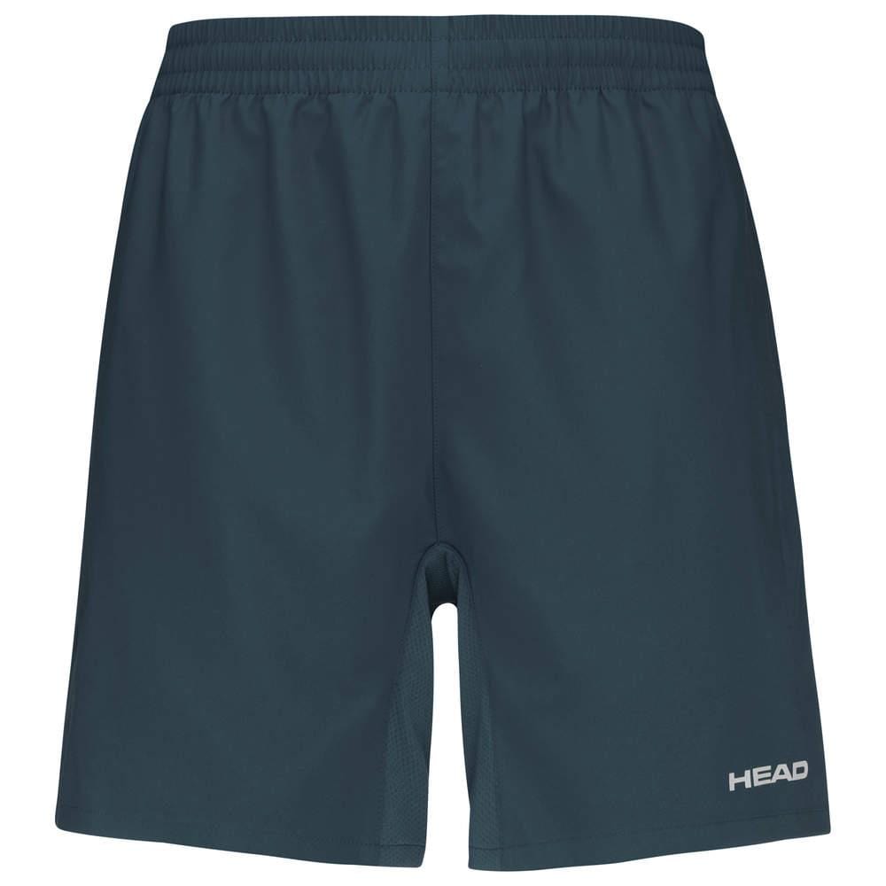 Navy badminton shorts from HEAD, featuring an elasticated waistband. They're made from breathable material and display a small white "HEAD" logo on the lower left leg.