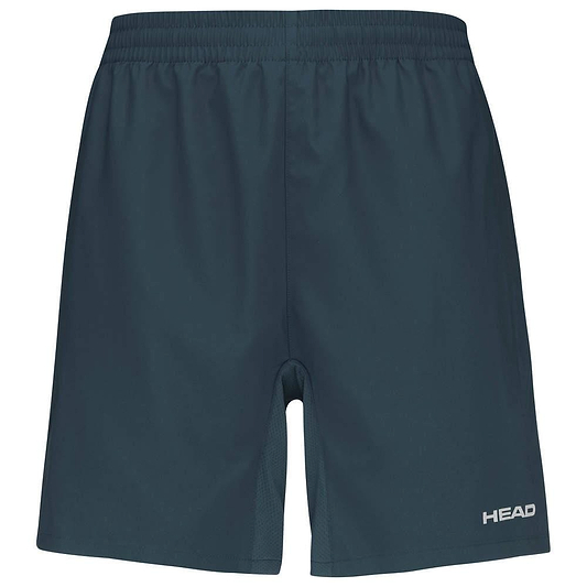 Navy badminton shorts from HEAD, featuring an elasticated waistband. They're made from breathable material and display a small white "HEAD" logo on the lower left leg.
