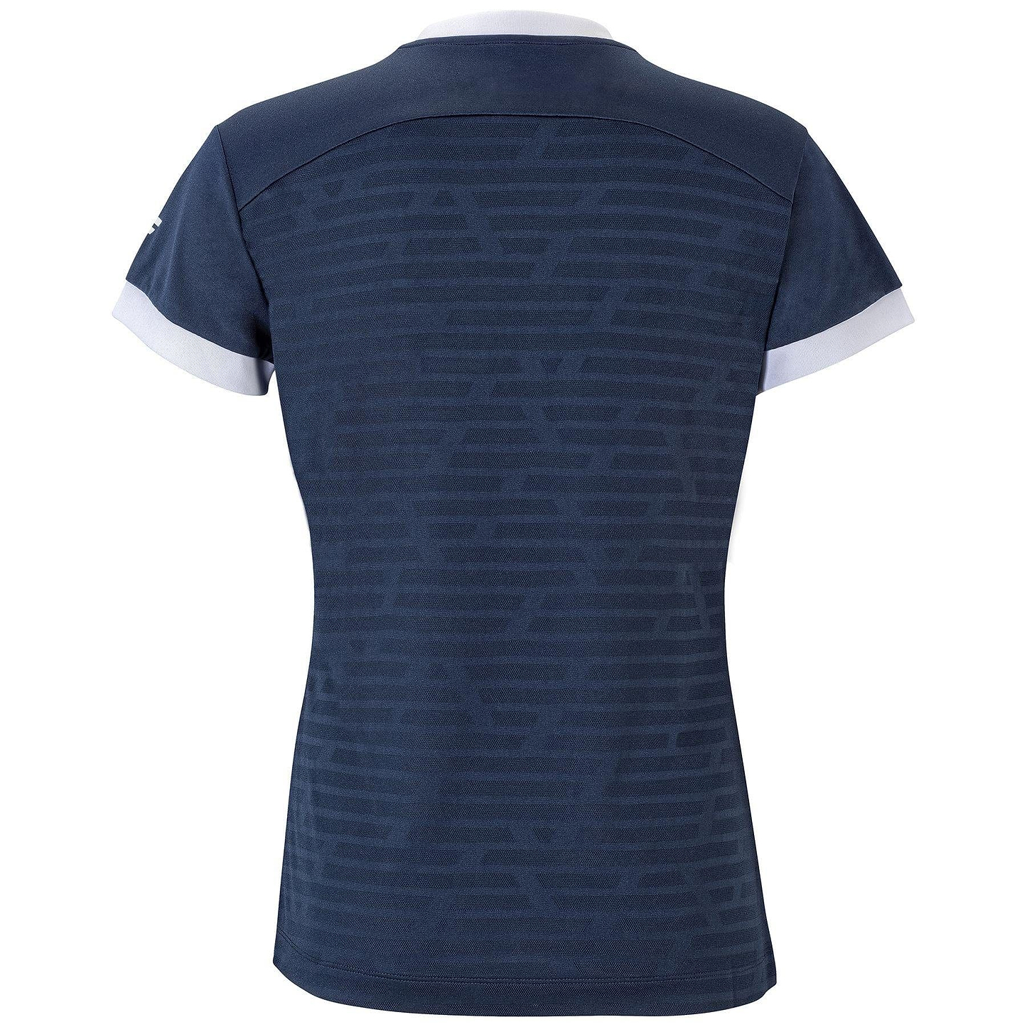 Back view of the Tecnifibre Womens F3 Polo Shirt in marine blue, featuring short sleeves and a subtle geometric pattern crafted from performance polyester. The shirt is enhanced with white accents on the collar and sleeve cuffs, adding a touch of sophistication.