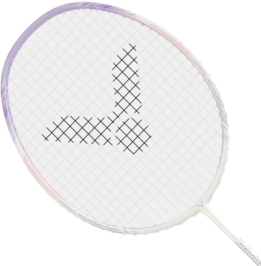 The Victor Thruster K 66 AJ 7U Badminton Racket by Victor features a white and purple design with a lightweight build and a black triangular intersecting line pattern on its string bed.