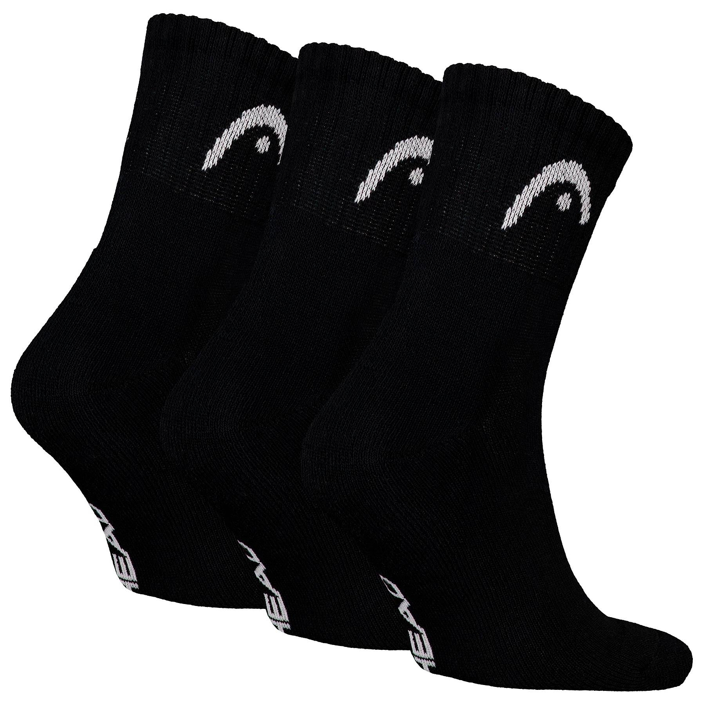 The HEAD Club Short Crew Badminton Socks - Black (3 Pack) feature cushioned soles, a white curved logo near the top, and "HEAD" on the soles. Ideal for badminton, these HEAD socks are shown side by side.