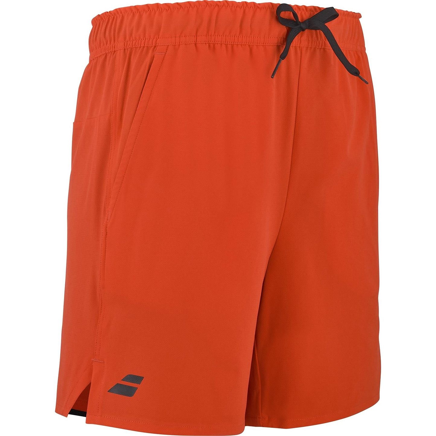 The Babolat Play Mens Badminton Shorts in Cherry Tomato feature recycled polyester, an elastic waistband with black drawstring, side pockets, and a small black logo near the left hem.