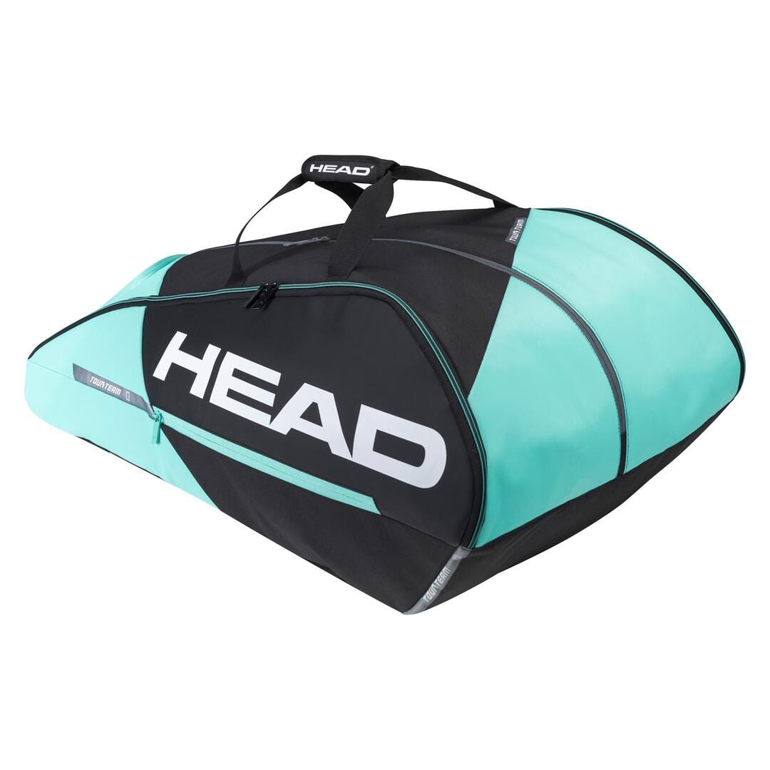 This HEAD Tour Team 12R Monstercombi 12 Racket Badminton Bag is designed with "HEAD" prominently displayed and offers a stylish black and mint finish. It features durable top carry handles and includes CCT+ climate control technology to safeguard your equipment.