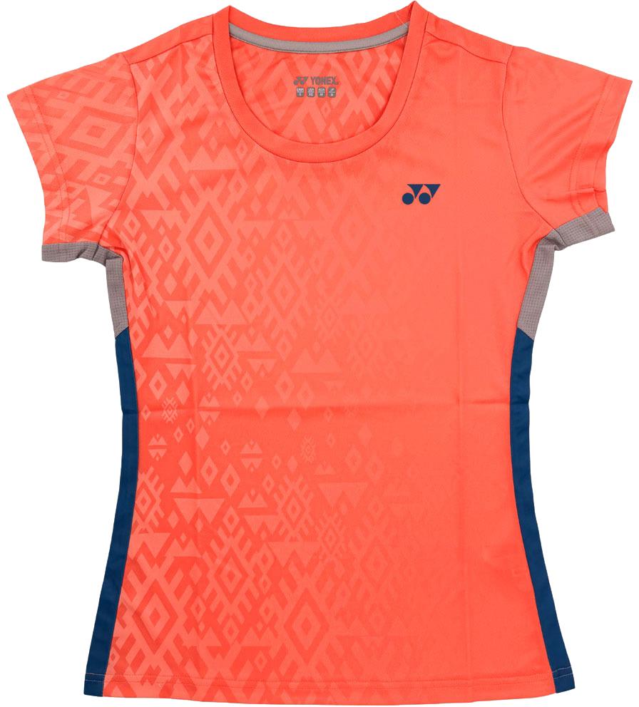 The Yonex YTL11 Womens Badminton T-Shirt - Sunset is a bright orange tee with quick-drying, lightweight fabric, subtle geometric patterns, blue side panels, gray mesh underarms, and a Yonex logo on the left chest.
