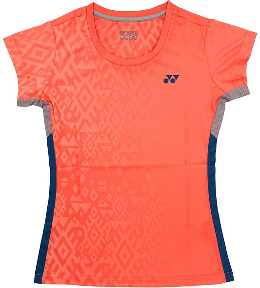 The Yonex YTL11 Womens Badminton T-Shirt - Sunset is a bright orange tee with quick-drying, lightweight fabric, subtle geometric patterns, blue side panels, gray mesh underarms, and a Yonex logo on the left chest.