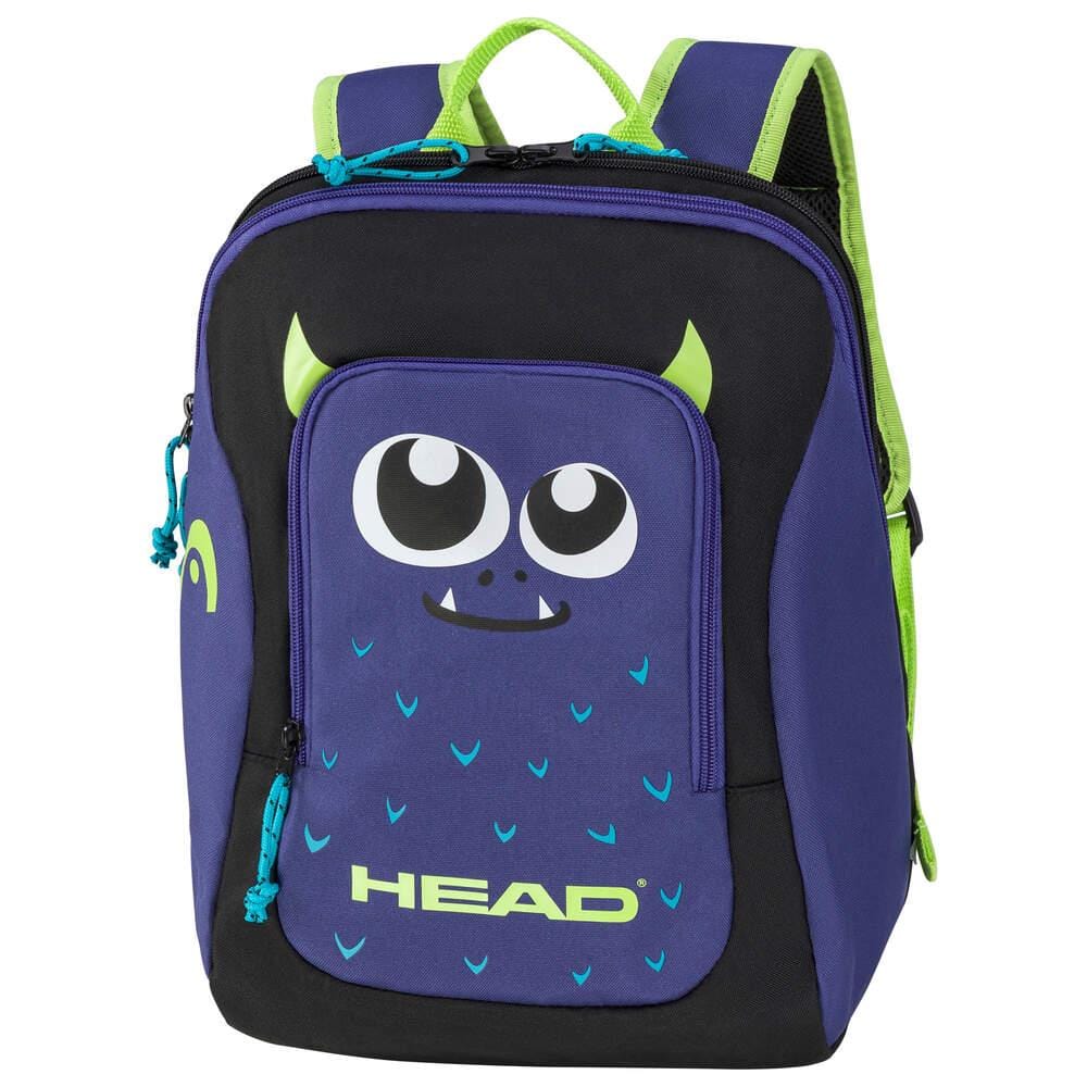 The HEAD Kids Tour Badminton Backpack - Monster, from the brand HEAD, is a blue and black backpack for children. It features a playful cartoon monster design with big eyes and small horns, complemented by green accents. The front showcases the brand name "HEAD," and it includes a sportswear compartment for easy organization. Reflective logos are incorporated to enhance safety during evening outings.