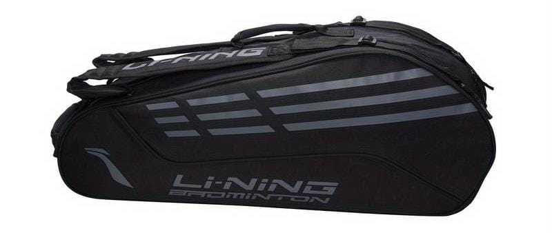 The Li-Ning Thunder 6 Racket Badminton Bag - Black is a stylish badminton accessory by Li-Ning, featuring a sleek black design with gray stripes and logo. It offers multiple compartments, including one specifically for rackets, combining style and functionality in an aerodynamic package.