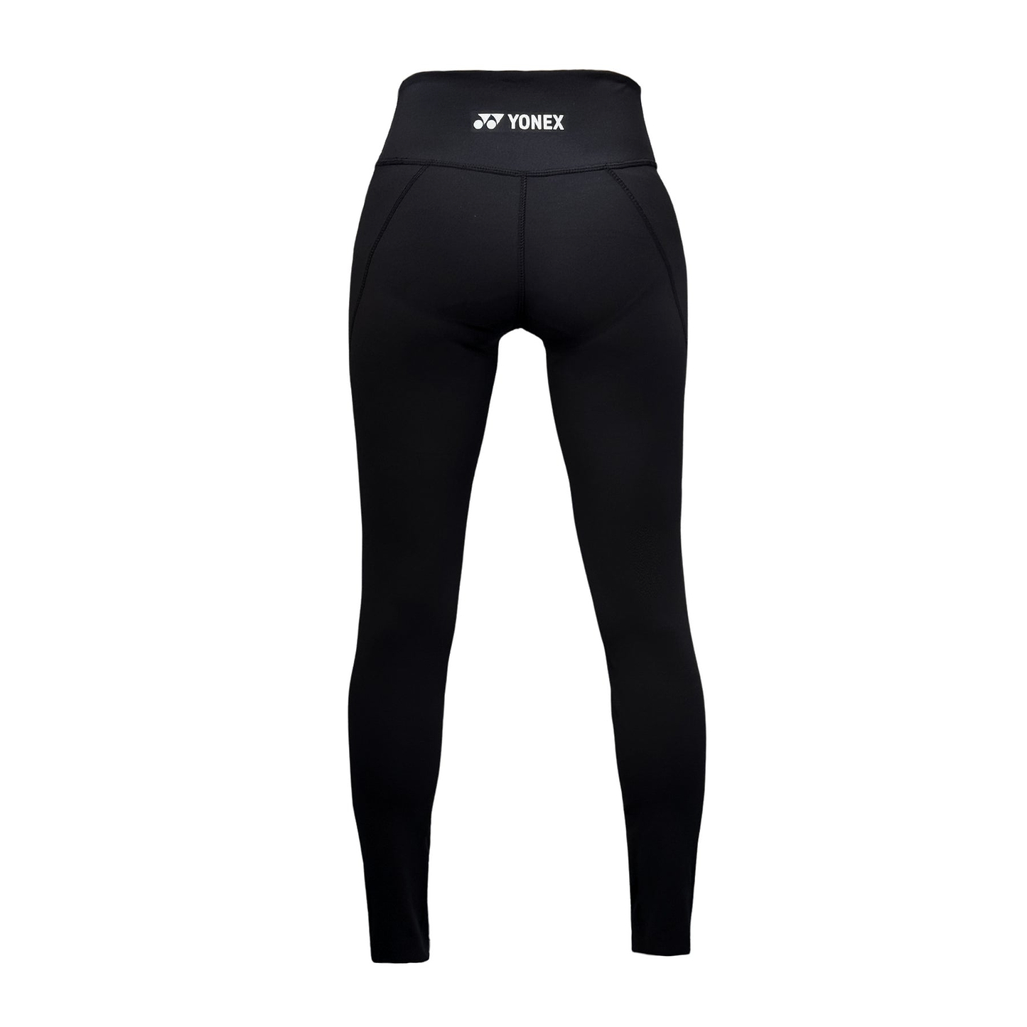 The Yonex YL2024 Women's Badminton Leggings in black showcase a high-rise waistband and sleek, form-fitting design. Crafted from moisture-wicking fabric, the Yonex logo is visible on the waistband when viewed from the back.