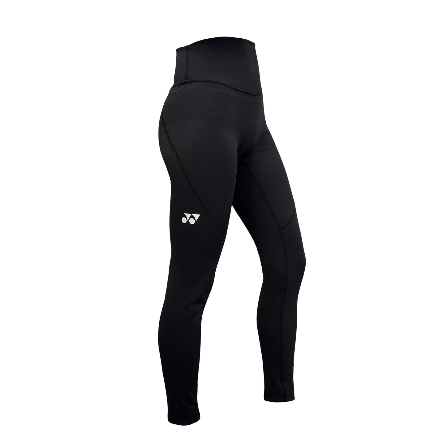 The Yonex YL2024 Women's Badminton Leggings in black feature a moisture-wicking fabric and a logo on the thigh, displayed against a white background.
