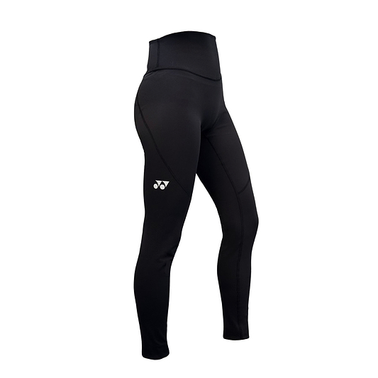 The Yonex YL2024 Women's Badminton Leggings in black feature a moisture-wicking fabric and a logo on the thigh, displayed against a white background.