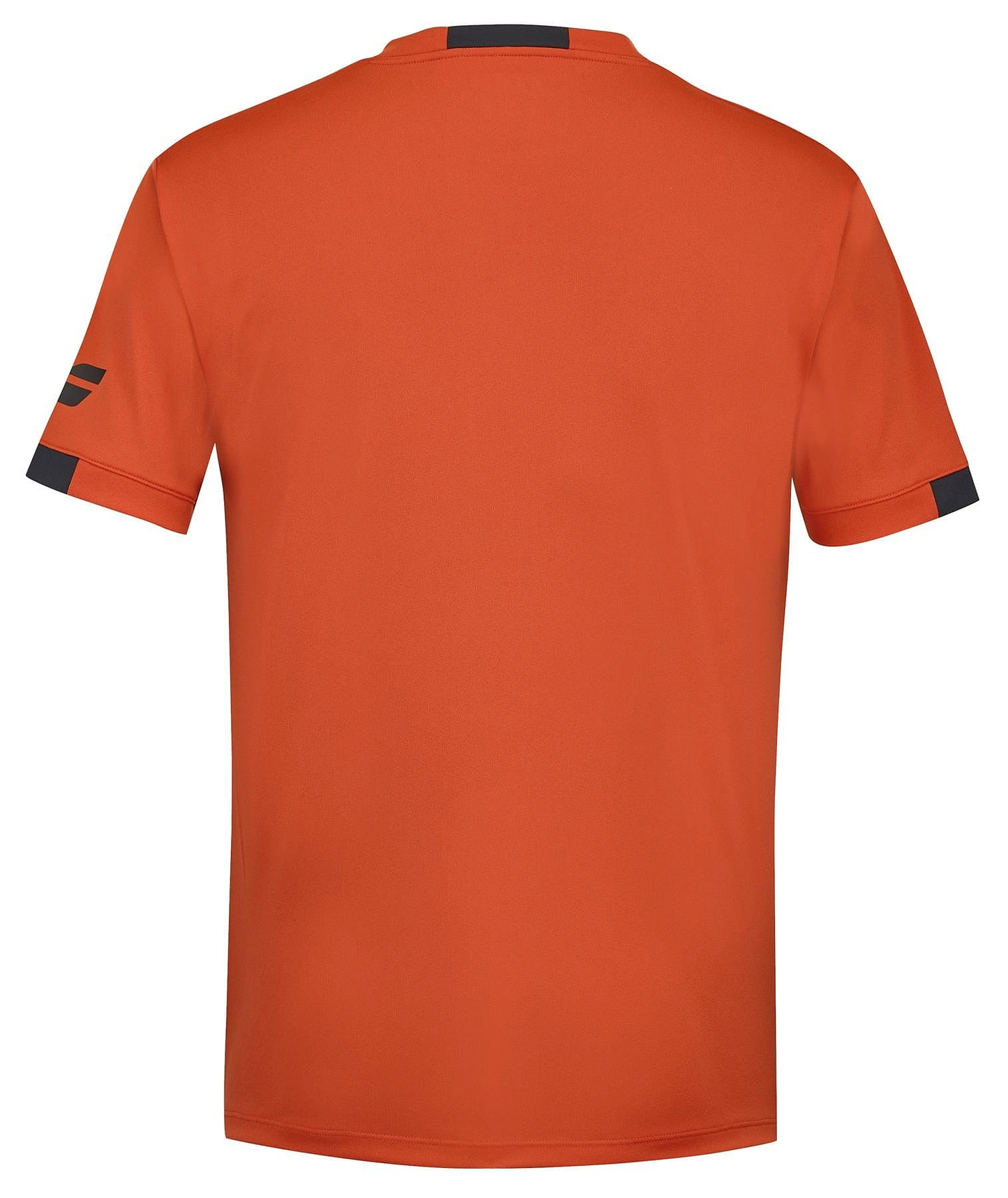 The Babolat Play Men's Crew Neck Badminton T-Shirt in Fiesta Red is displayed from the back, showcasing subtle black accents on the sleeves and neckline. Crafted with Fiber Dry technology, it ensures comfort during your matches.