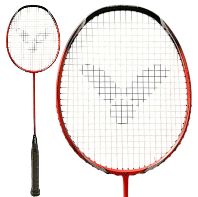 The orange and black Victor WaveTec Magan 9 badminton racket from Victor highlights a close-up of the V-shaped string pattern. From handle to head, its design incorporates shock-reducing technology for enhanced play.