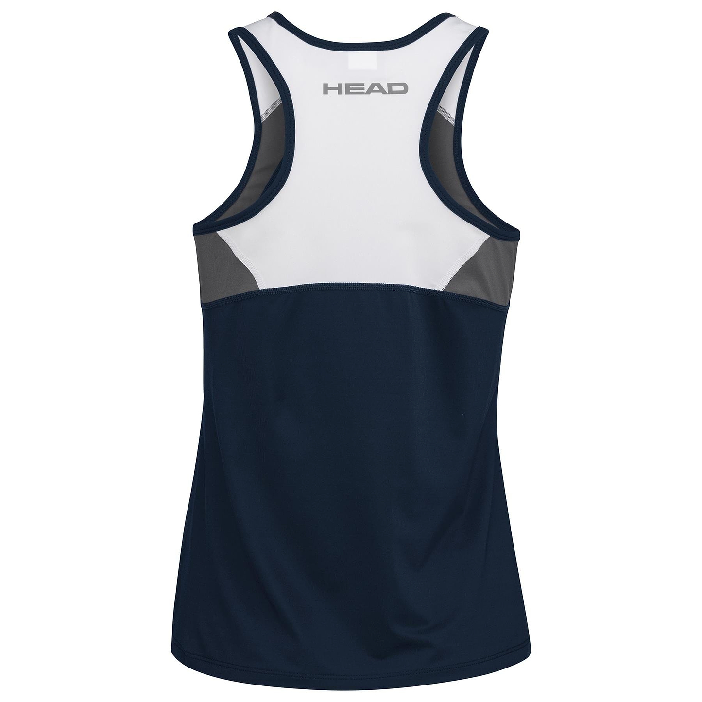 Rear view of a sleeveless tank top perfect for athletes. The HEAD Womens Club 22 Badminton Tank Top in dark blue is primarily navy with white and gray accents, featuring a racerback design and the "HEAD Sportswear" logo at the upper back. Made with Moisture Transfer Microfibre for improved performance.