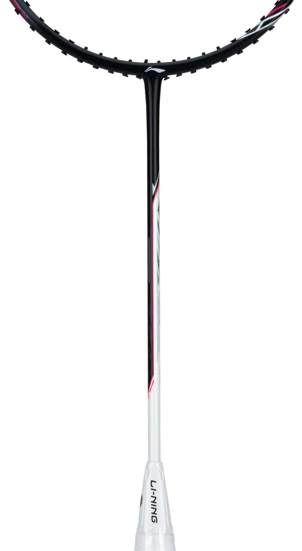 A close-up of the Li-Ning Halbertec 2000 3U Badminton Racket - Cool Ebony shows its handle, shaft, and part of the racket head, featuring a white grip and black, white, and red details that highlight its balanced swing weight.