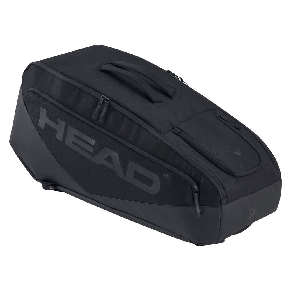The HEAD Pro X 9 Racket Badminton Bag L in black, by HEAD, offers multiple compartments and zippers with a bold side logo—ideal for players inspired by stars like Novak Djokovic.