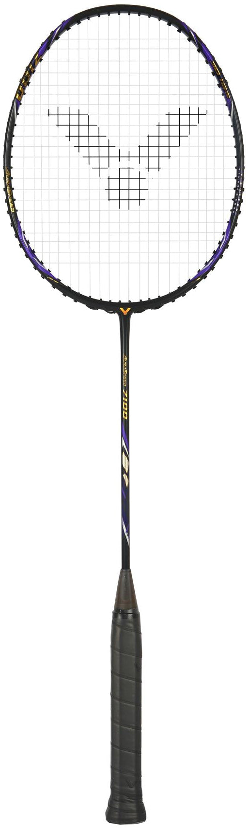 The Victor Auraspeed 7100 4U Badminton Racket in black by Victor features a wrapped handle and geometric string pattern, shown on a white background.