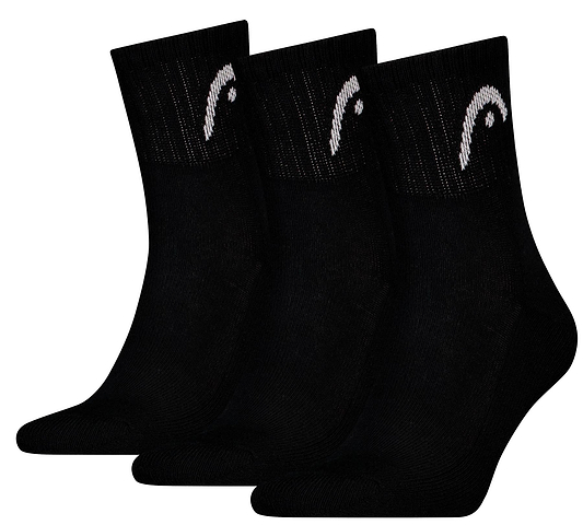 Three pairs of HEAD Club Short Crew Badminton Socks in black, each with a cushioned sole and white HEAD logo on the cuffs, are displayed side by side against a white background.