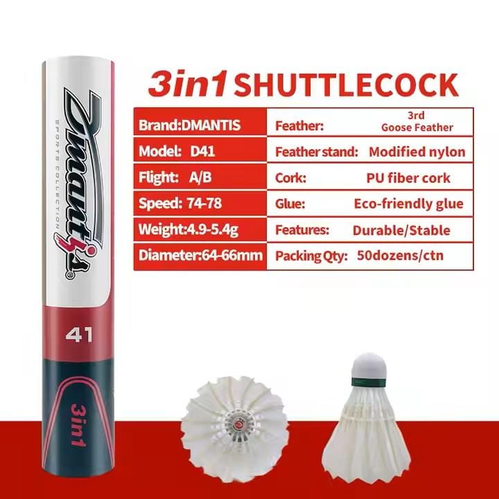 Dmantis D41 Hybrid Badminton Feather Shuttlecocks (Speed 78) feature an aerodynamic design, goose feathers, a nylon skirt, PU fiber cork, 4.9-5.0g weight, and eco-friendly glue—sustainably crafted for your game.
