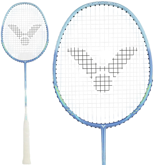 The Victor Thruster Ryuga Sport F 3U Badminton Racket in blue by Victor features a white handle and black stylized bird logo on the strings, shown in both full view and close-up. Ideal for beginner to intermediate players.