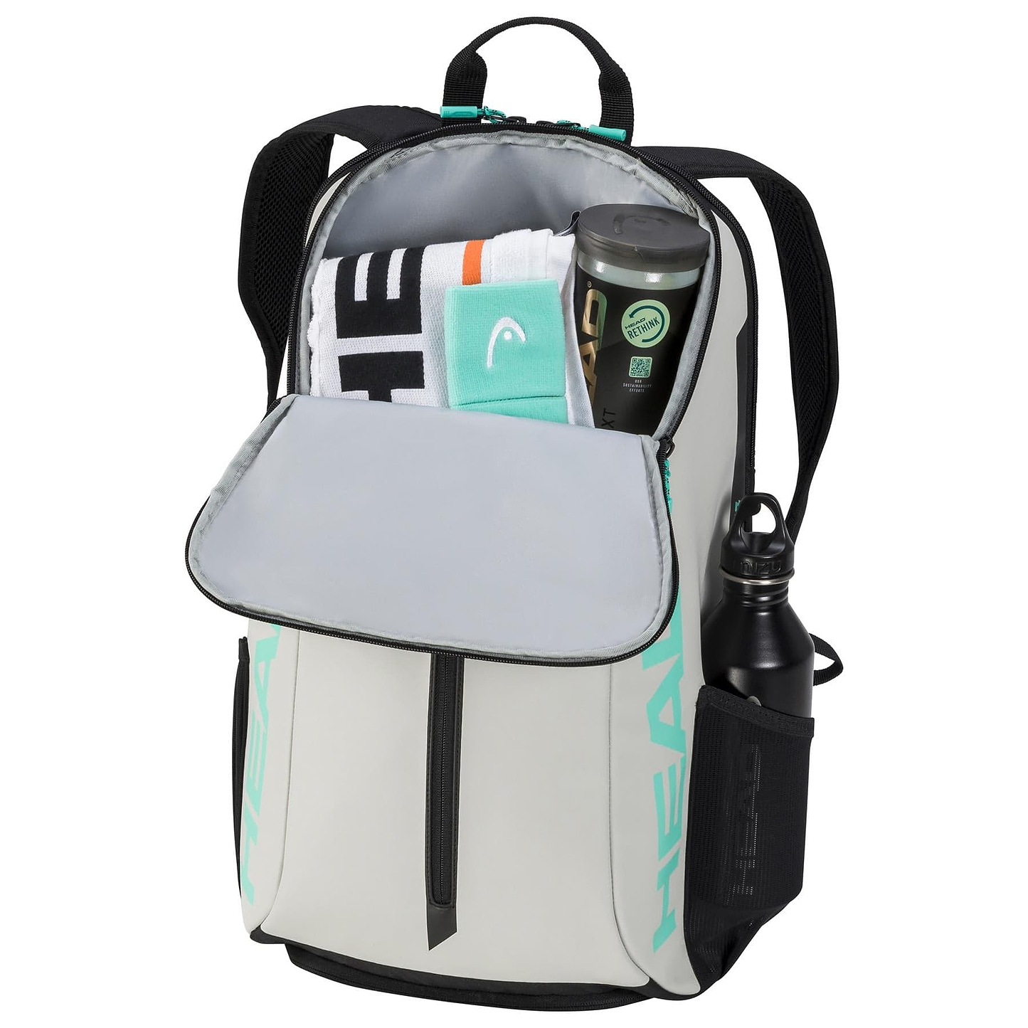 The HEAD Tour Badminton Backpack - CCTE by HEAD showcases a spacious open compartment perfect for storing items like a towel and container. It includes a specialized racket compartment and an exterior pocket for water bottles. This gray backpack, highlighted with black and green accents, is designed to provide practicality for badminton enthusiasts.