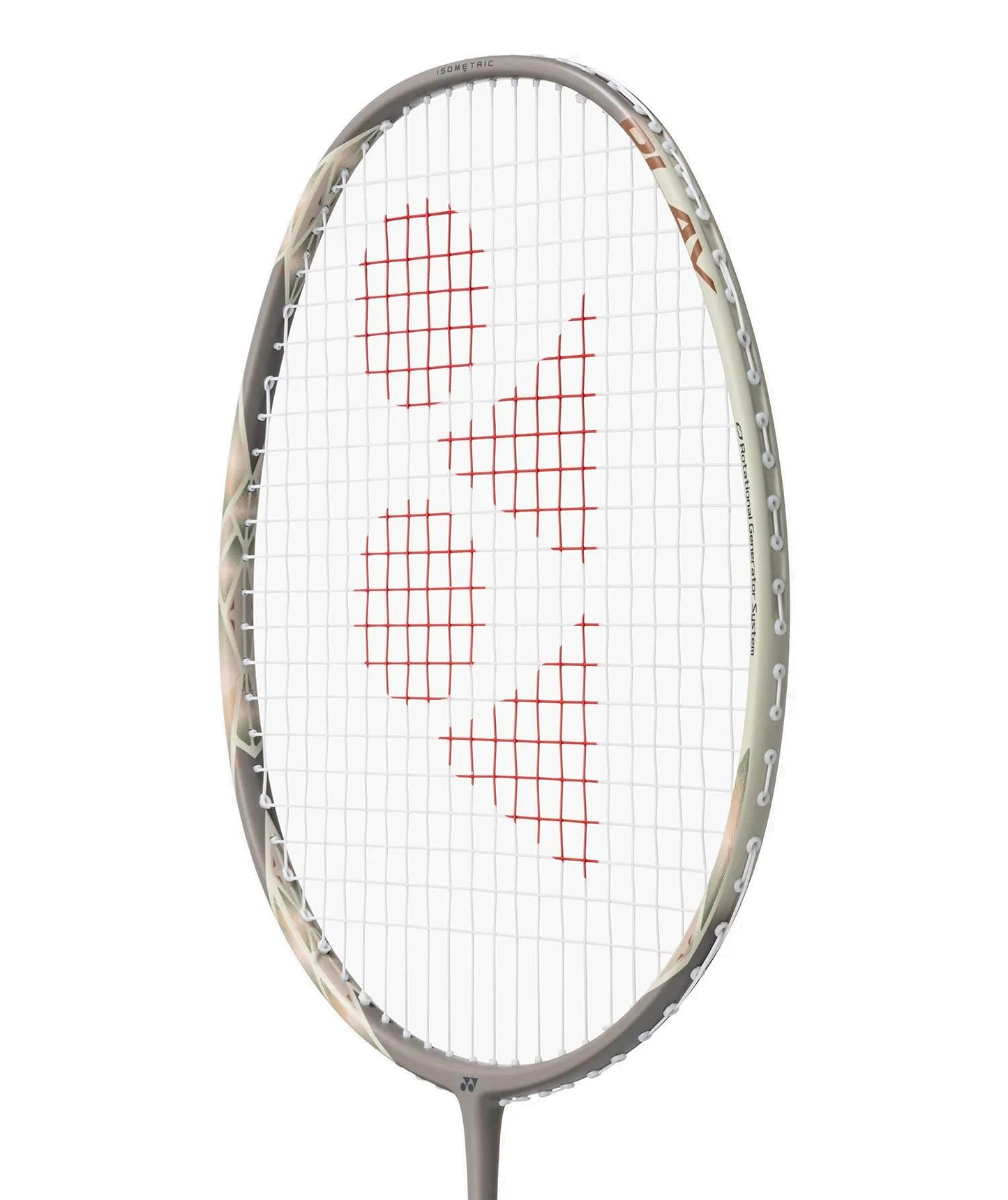 Close-up of the Yonex Astrox 77 Play 4U Badminton Racket in light beige, featuring a gray frame and red geometric string pattern. Suitable for beginners, this Yonex racket is photographed against a plain white background.