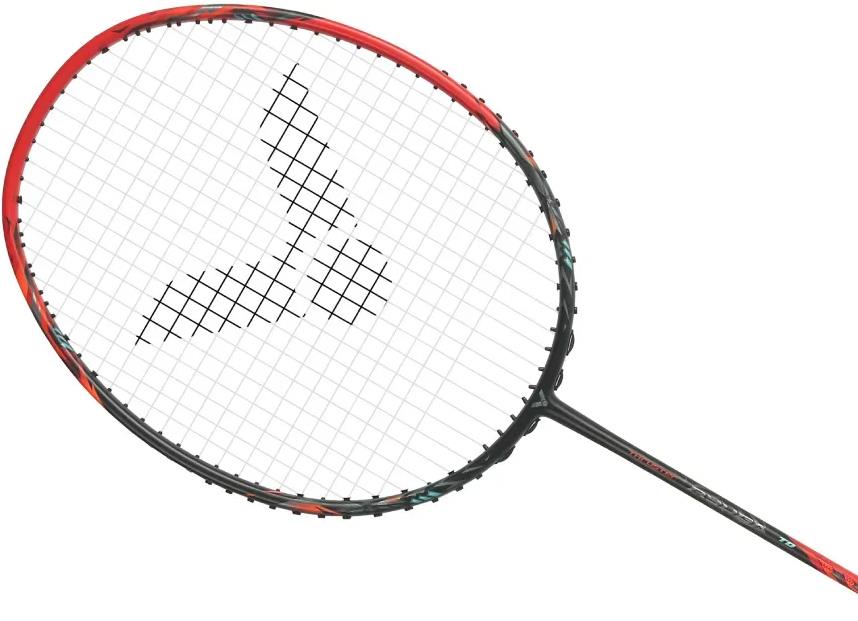 The Victor Thruster Ryuga TD C 4U Badminton Racket in black/red by Victor features Power Box technology, a grid string pattern, and a distinct triangular logo at the center of the strings.